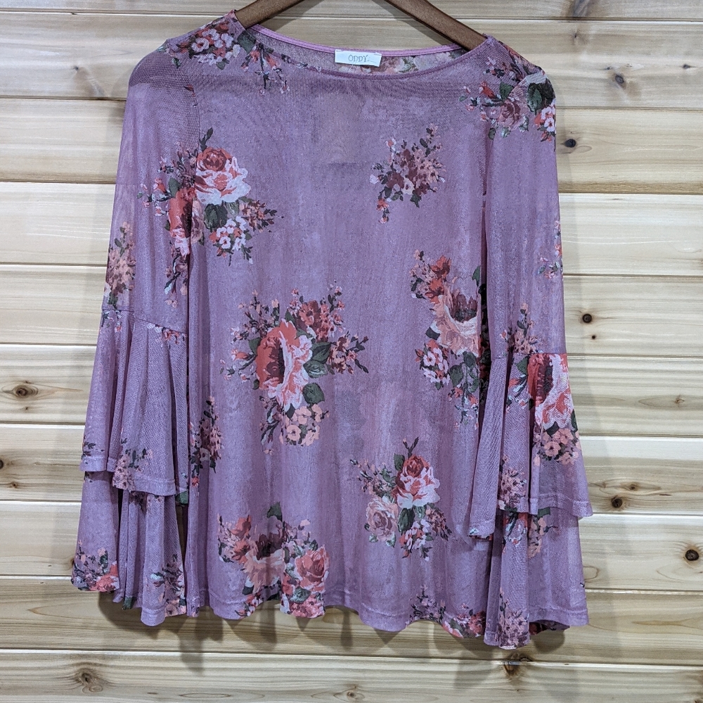ODDY Mauve Floral Bell Sleeve Mesh Top Large